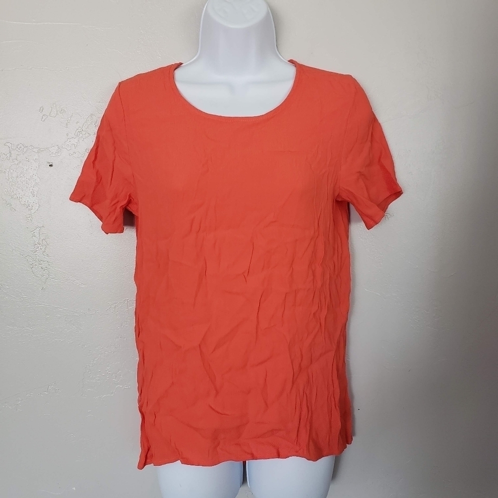 Ovi Medium Coral Orange Short Sleeve Blouse Keyhole Back Shirt Top Guaze Crepe